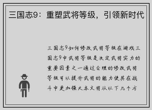 三国志9：重塑武将等级，引领新时代